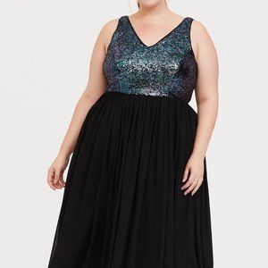 Torrid Black Sequin Chiffon Skater Midi Dress SIZE 20 NWT